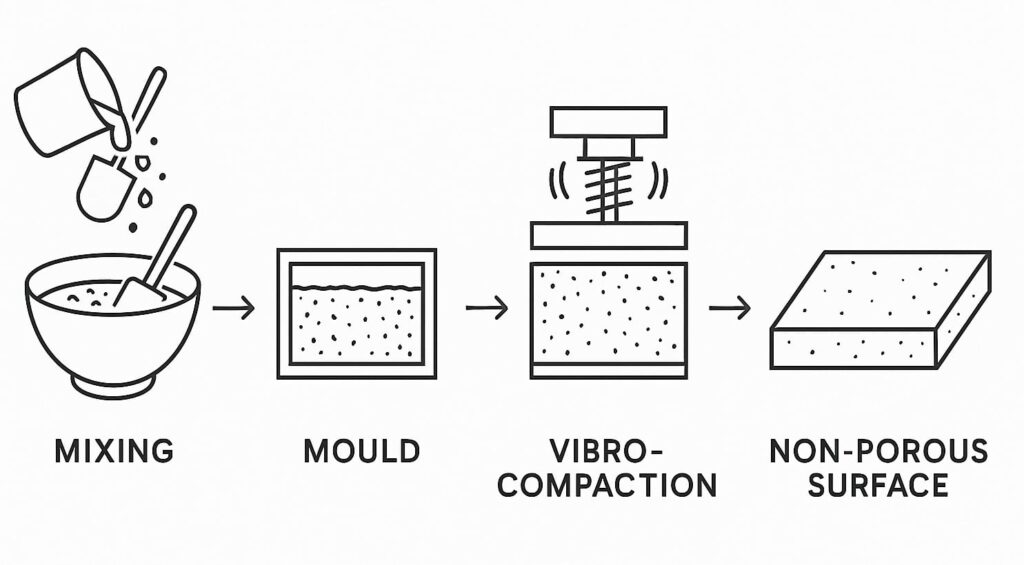 micro-compaction-process A four part process which illustrates mixing of materials, moulding, compacting and resulting in a non-porus surface.